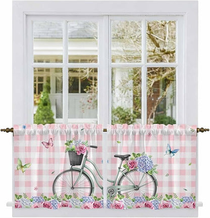 Spring Tier Curtains, Bicycles Leaves Butterfly Flowers Pink Buffalo Plaid Light Filtering Kitchen Curtains, 2Pcs Rod Pocket Half Window Treatments Panels for Sink Cafe Cabinet Camper 27.5x36 Inches