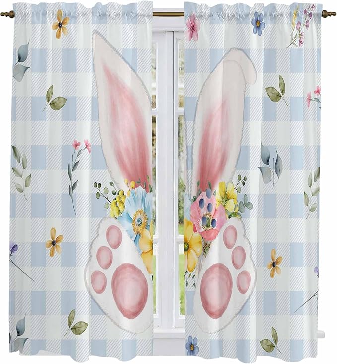 Easter Window Curtains 63 Inch Long 2 Panel Set, Rod Pocket Bedroom Curtains & Drapes, Spring Rabbits Ears Feet Floral Blue Lattice Light Filtering Window Treatment for Living Room 42"W x 63"L