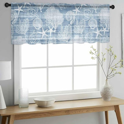 Haze Blue Retro Summer Sheer Valance Curtains, Sea Turtle Starfish Coral Ocean Light Filtering Kitchen Valances Rod Pocket Voile Curtain Window Treatment for Bedroom/Living Room/Basement 42Wx12L