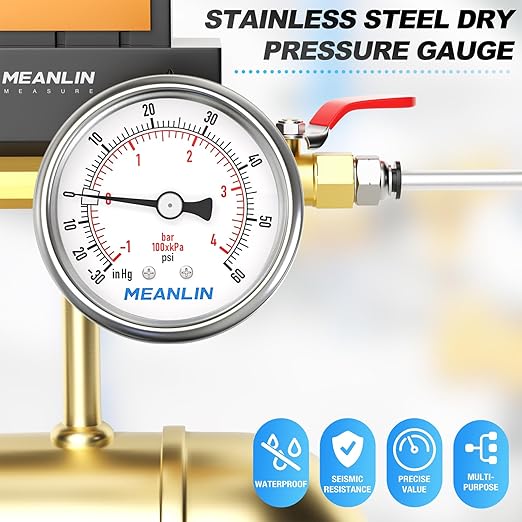 MEANLIN MEASURE -30inHG~60Psi Vacuum Gauge Stainless Steel 1/4" NPT 2" FACE DIAL Waterproof for Air Compressor HVAC Negative Pressure Hand Pump Pool Back Mount with 1/2" NPT and 3/8" NPT Hex Bushing