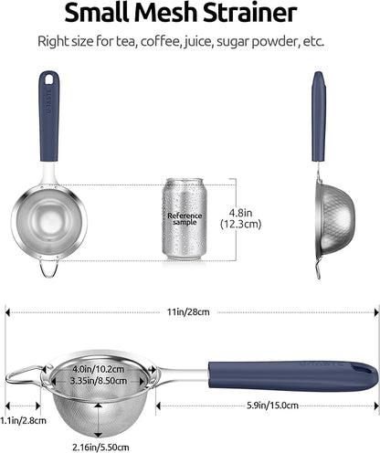 U-Taste Small Fine Mesh Strainer: 18/8 Stainless Steel 3.35in 30 Mesh Kitchen Food Sieve with Sturdy Riveted Silicone Handle, Heavy Duty Deep Handheld Metal Colander for Tea, Juice (Midnight Blue)