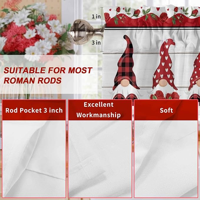 I Love U Valance Curtains for Kitchen, Valentine's Day Dwarf Romantic Wood Grain Privacy Rod Pocket Valance Curtain, Light-Filtering Window Treatment for Bedroom Bathroom, 60"x18"