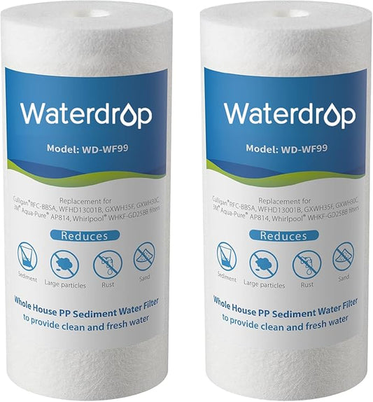 Waterdrop Whole House Sediment Water Filter, 10" x 4.5", Replacement for Pentair Pentek DGD-5005, GE® GXWH40L, GXWH35F, Culligan® RFC-BBSA, 3M® Aqua-Pure® AP810, 5 Micron, Pack of 2