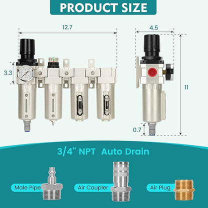 3/4" NPT Industrial Air Dryer for Compressor,4 Stage Air Compressor Water Separator System,Filter Oil Water Separator Dryer for Plasma Cutter and Paint Spray,Auto Drain