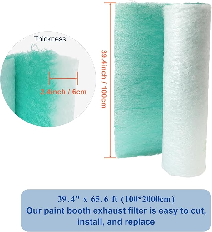 Paint Booth Exhaust Filter Roll 39.4’’ x 65.6ft, 2.4inch Thick Spray Booth Filter