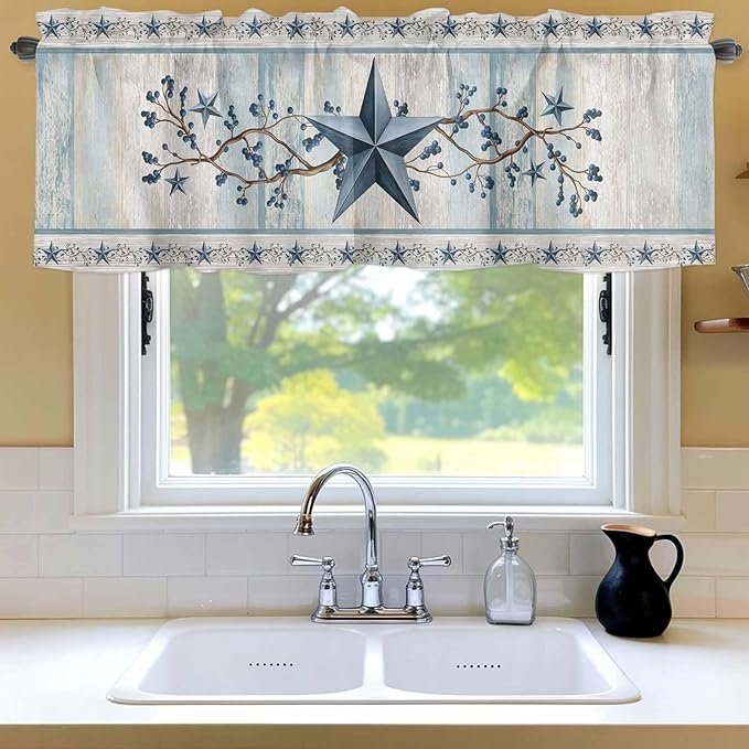 Blue Texas Star Valances for Windows, Vintage Star Berry Blue Beige Wood Grain Kitchen Valance Light Filtering Rod Pocket Short Curtains for Kitchen Bathroom, 1 Panel, 56"x16"