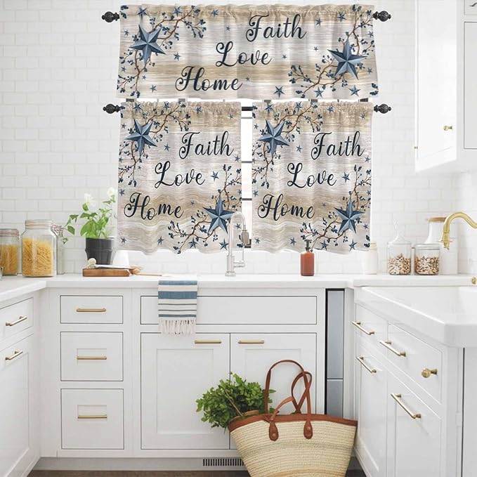 Vintage Country Kitchen Curtains Set 3 Piece for Windows,Rod Pocket Valance and Tier Set 36 Inch Length,Blue Rustic Texas Star Vines Wooden Grain Light Filtering Cafe Curtains for Living Room