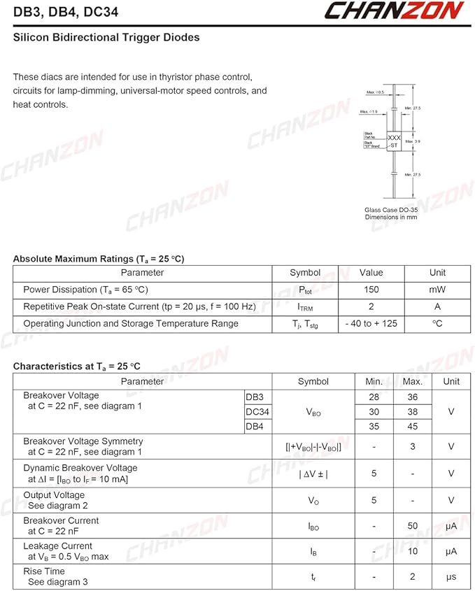 (Pack of 100 Pieces) Chanzon DB3 DIAC Bidirectional Trigger Diode 2A 32V 150mW DO-35 (DO-204AH) DB-3 Axial Silicon Diodes