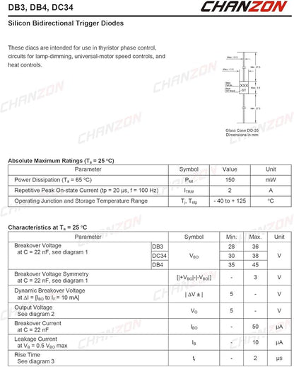 (Pack of 100 Pieces) Chanzon DB3 DIAC Bidirectional Trigger Diode 2A 32V 150mW DO-35 (DO-204AH) DB-3 Axial Silicon Diodes