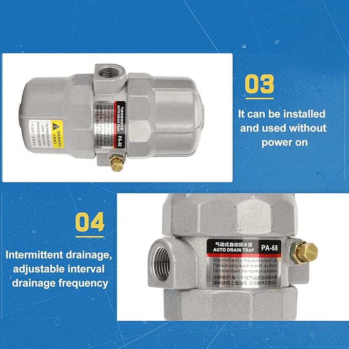 Universal Automatic Drain Valve Pneumatic Filter, 1/2in NPT Interface Drainage Valve for Compressed Air Systems, Aluminum Alloy Shell with Adjustable Brass Knob, 0-16Bar Working