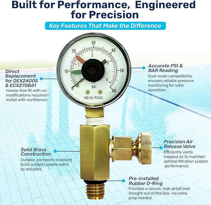 RV40601 Brass Replacement Air Relief Valve Adapter | Compatible with DEX2400S, Dial Pressure Gauge ECX270861 | Include O-Ring for Seamless Installation | Essential Pool Maintenance Accessory