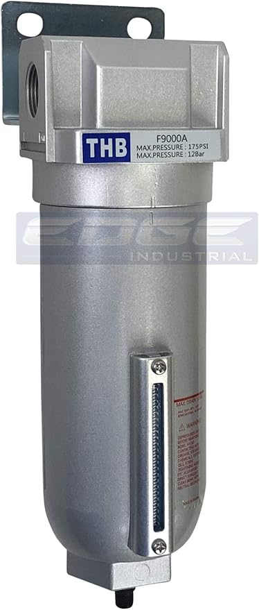 HEAVY DUTY INDUSTRIAL RATED HIGH FLOW PARTICULATE FILTER, IN-LINE WATER TRAP FOR COMPRESSED AIR LINE SYSTEMS, 5 MICRON WITH METAL BOWL AND AUTO DRAIN (1/2" NPT, 11oz)
