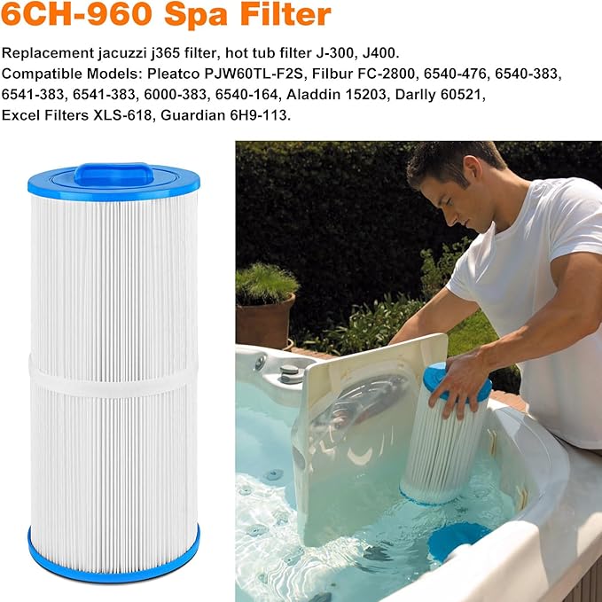 6CH-960 Spa Filter Replacement Jacuzzi Filter J-300, J400, 14081, 6000-383A, FC-2800, 6540-476, 6540-383, PJW60TL-F2S, 14081, 6000-383A Hot Tub Filter with Closed Handle (Not be Removed) 2 Pack