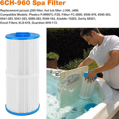 6CH-960 Spa Filter Replacement Jacuzzi Filter J-300, J400, 14081, 6000-383A, FC-2800, 6540-476, 6540-383, PJW60TL-F2S, 14081, 6000-383A Hot Tub Filter with Closed Handle (Not be Removed) 2 Pack