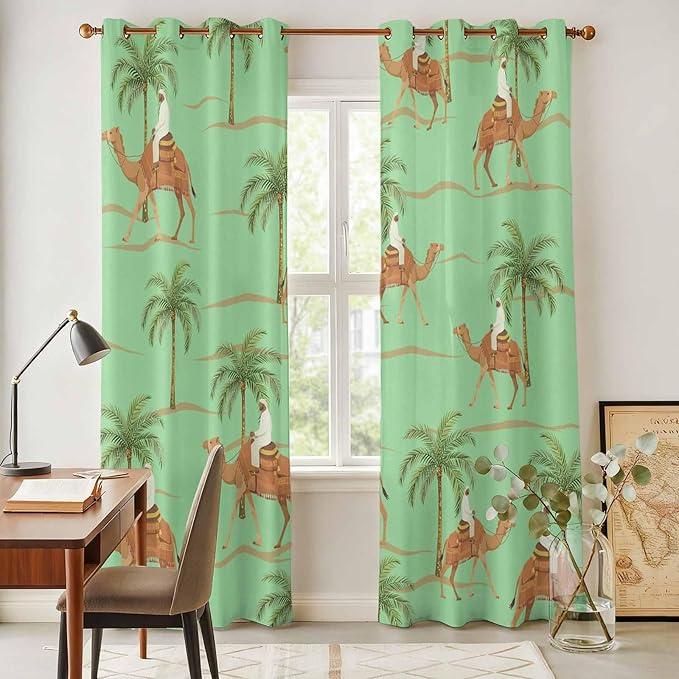2 Panel Kitchen Cafe Curtains, Desert Camels Sunlight Filtering Nature Air Through, Home Decor Window Covering Tier Curtains for Living Room 104W x 96L inch Tropical Date Palm Trees Animal Green