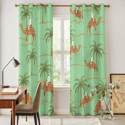 2 Panel Kitchen Cafe Curtains, Desert Camels Sunlight Filtering Nature Air Through, Home Decor Window Covering Tier Curtains for Living Room 104W x 90L inch Tropical Date Palm Trees Animal Green