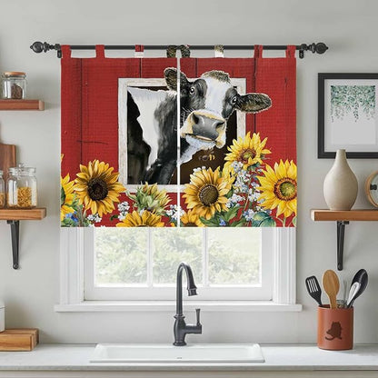 Cows Sunflowers Bedroom Curtains 63 Inch Length, Window Curtains Tab Top, Spring Botanical Floral Bees Red Barn Light Filtering Window Treatments Drapes 42"x63" 2 Panel
