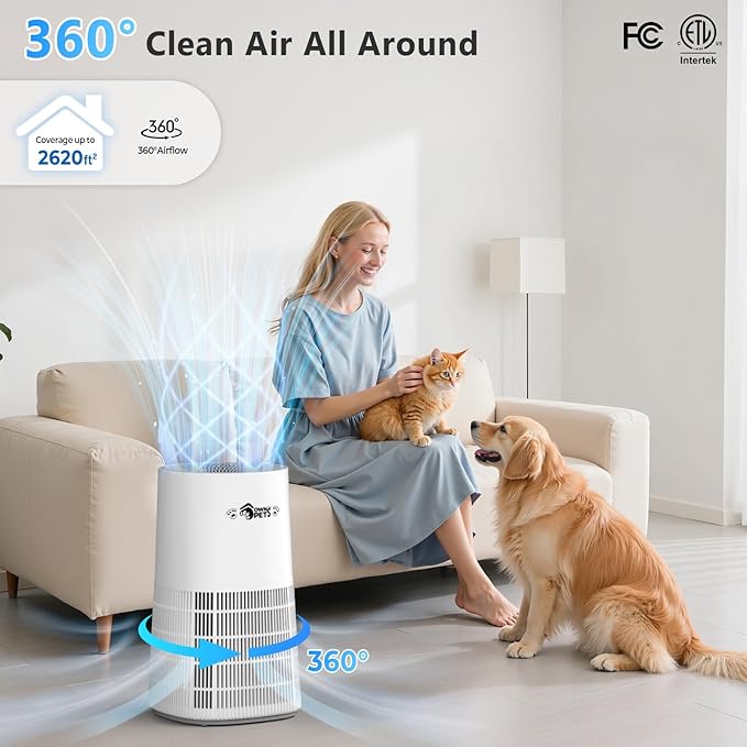 Ownpets Pet Air Purifier for Large Room up to 2620 ft², 5-in-1 Washable Filter, H13 HEPA High Deodorization Carbon Filter for Pet Odor Hair Dander Pollen, Quiet Air Cleaner with Air Quality Monitor