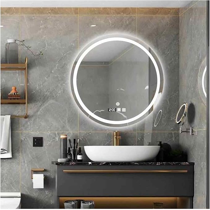 Round Led Bathroom Mirror,Round Bathroom Mirror with LED Lights，Bathroom Mirror with LED Lights,Demister pad，Dimmable Touch Switch Makeup Smart LED Mirror(B,H70*W70cm/H27.6*W27.6IN)