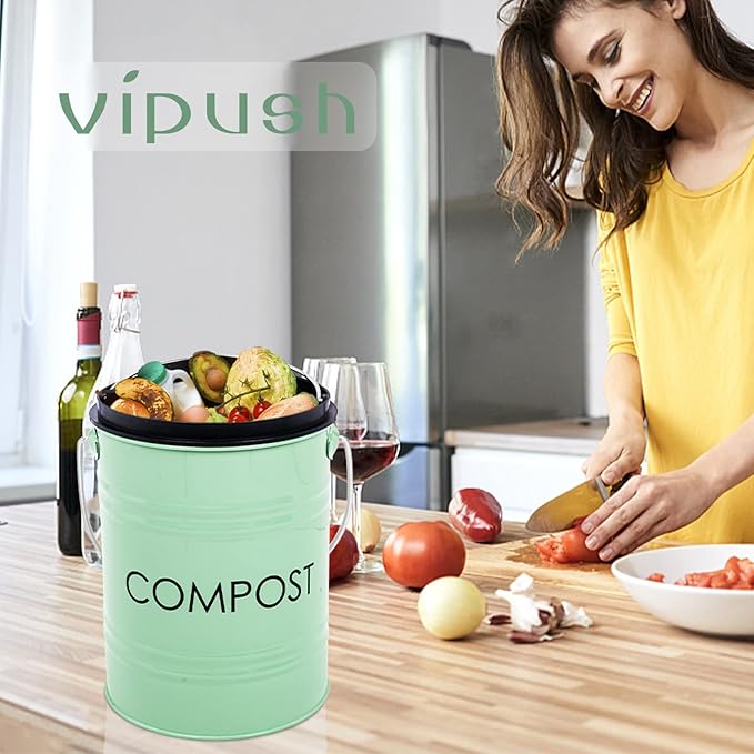 Vipush Compost Bin Kitchen Countertop Composter with lid – Small Compost ContainerI Includes Inner Compost Bucket Liner & Charcoal Filter, Green