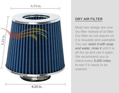 BLUE 4" 102 mm Inlet Truck Air Cone Replacement Performance Washable Clamp-On Dry Air Filter (8" Tall)