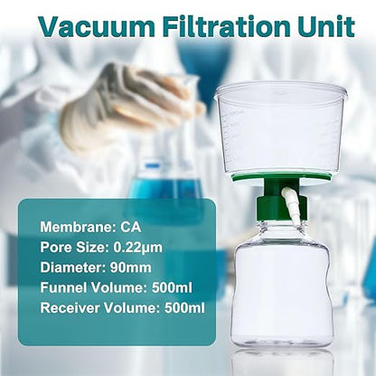500ml Vacuum Filtration System, Disposable Sterile Vacuum Filter Units with CA Membrane, 0.22μm Pore Size, 90mm Diameter for Laboratory, Chemistry, Graduated, Individually Wrapped, Pack of 1