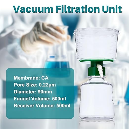 500ml Vacuum Filtration System, Disposable Sterile Vacuum Filter Units with CA Membrane, 0.22μm Pore Size, 90mm Diameter for Laboratory, Chemistry, Graduated, Individually Wrapped, Pack of 12