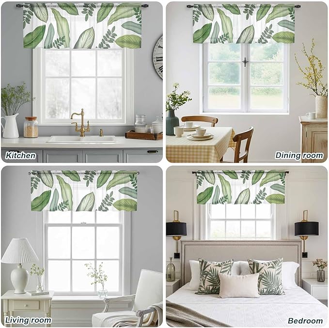 Summer Palm Leaf Sheer Valance Curtains, Green Tropical Plants Nature Leaves Modern Light Filtering Kitchen Valances Rod Pocket Voile Curtain Window Treatment for Bedroom/Living Room/Basement 42Wx12L