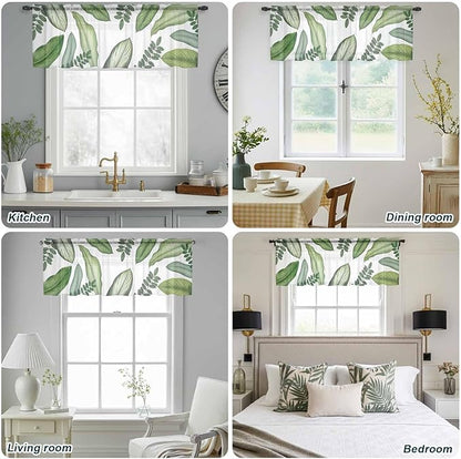Summer Palm Leaf Sheer Valance Curtains, Green Tropical Plants Nature Leaves Modern Light Filtering Kitchen Valances Rod Pocket Voile Curtain Window Treatment for Bedroom/Living Room/Basement 42Wx12L