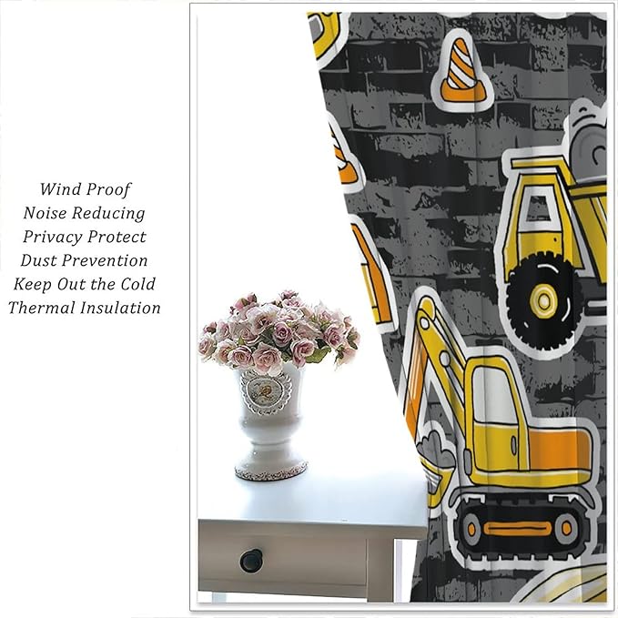Kids Construction Excavator Window Curtains, Yellow Excavator Transporter Truck Cartoon Vehicles Rod Pocket Decorative Window Curtain for Children Teens Room 42x45in (30% Blackout)