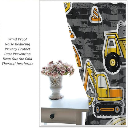 Kids Construction Excavator Window Curtains, Yellow Excavator Transporter Truck Cartoon Vehicles Rod Pocket Decorative Window Curtain for Children Teens Room 42x45in (30% Blackout)