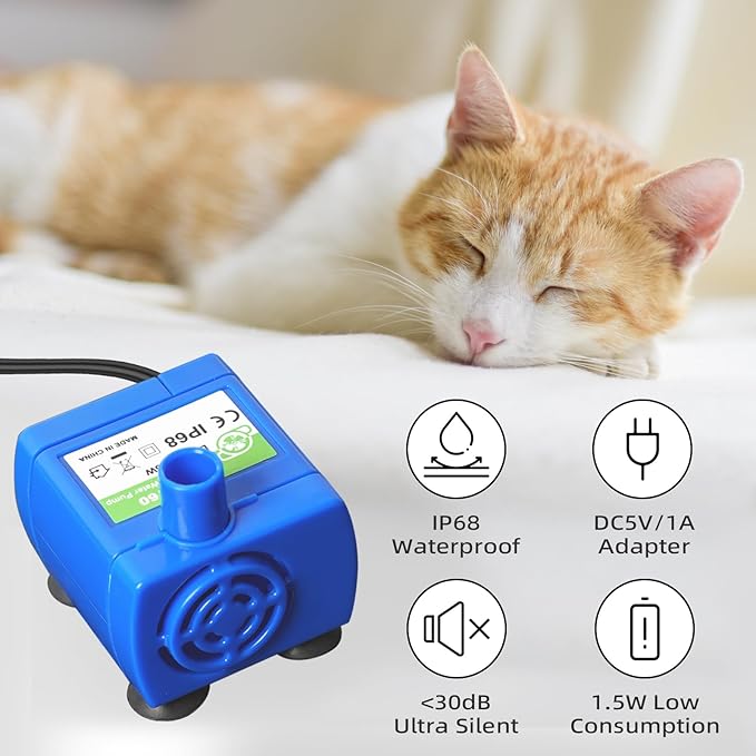 Cat Water Fountain Pump (No Led & with Brush), IP68 DR-DC 160 Submersible Water Pump for Stainless Steel, Ceramic Cat Water Fountain, Ultra Quiet Pet Fountain Pump