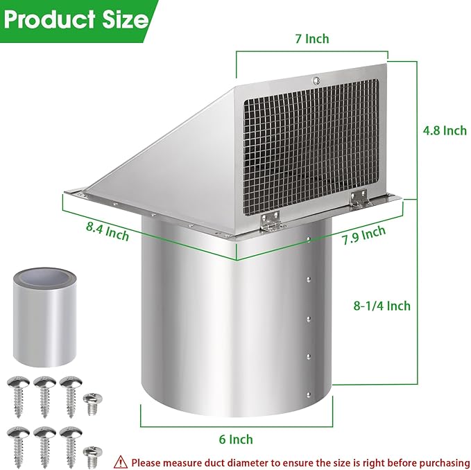 6 Inch Hooded Wall Vent with Screen and Damper,6 Inch Exhaust Vent Cover Cap for Outdoor Kitchen Range Hood Dryer Ventilation,Outside Wall Mount Extractor for House Air Exhaust, Stainless Steel