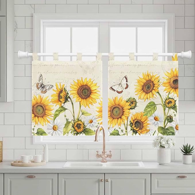 Farm Sunflowers Kitchen Curtains 36 Inch Length, Small Window Curtains Tab Top, Retro Flowers Butterfly Botanical Beige Light Filtering Short Window Treatments Tier Drapes 27.5"x36" 2 Panel