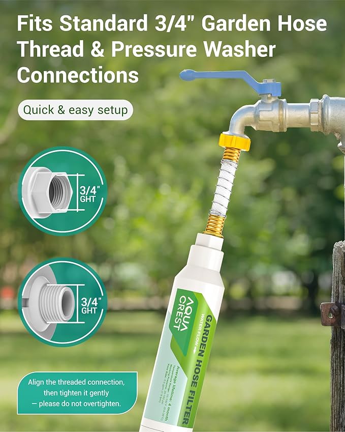 AQUA CREST Garden Hose Water Filter for Plants, Greatly Reduces Chlorine, Odor, Improve Plants Health, Ideal for Organic Gardening, Farming and Pets, Pack of 2, with Hose Protector