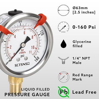 0 to 160 Psi Lead-Free Pressure Gauge, Glycerin Liquid Filled, 2.5 inch Dial, 1/4" NPT Lower Mount, Stainless Steel Case, for Regulator, Potable Water Pump, RV Hose, Well, Air, Pressure Test