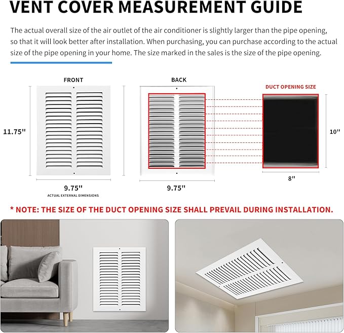 8x10 Vent Cover(Duct Opening Size),Air Return Vent Cover,Flat Vent Cover,Rejillas De Aire Acondicionado para Casa,Return Air Grilles,Outer Dimensions:9.75"Wx11.75"H(8"W x 10"H, Duct Opening)