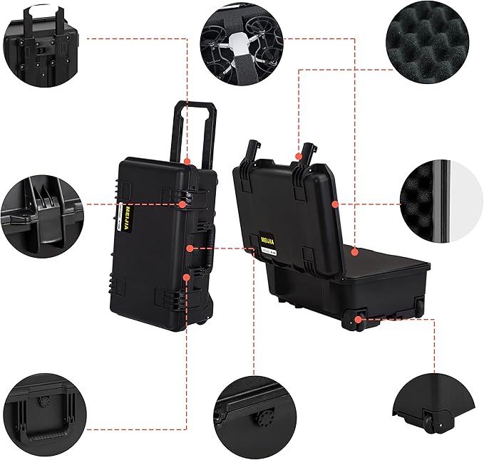MEIJIA Premium Waterproof Hard Compact Rolling Camera Case with customizable fit foam and wheels,Full Protection with Light&Convenient Design,21.7"x14.1"x8.8",Elegant Black
