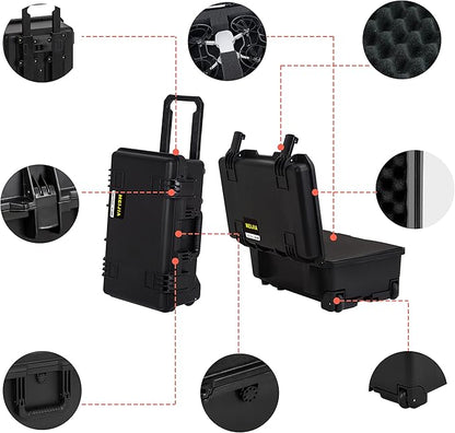 MEIJIA Premium Waterproof Hard Compact Rolling Camera Case with customizable fit foam and wheels,Full Protection with Light&Convenient Design,21.7"x14.1"x8.8",Elegant Black