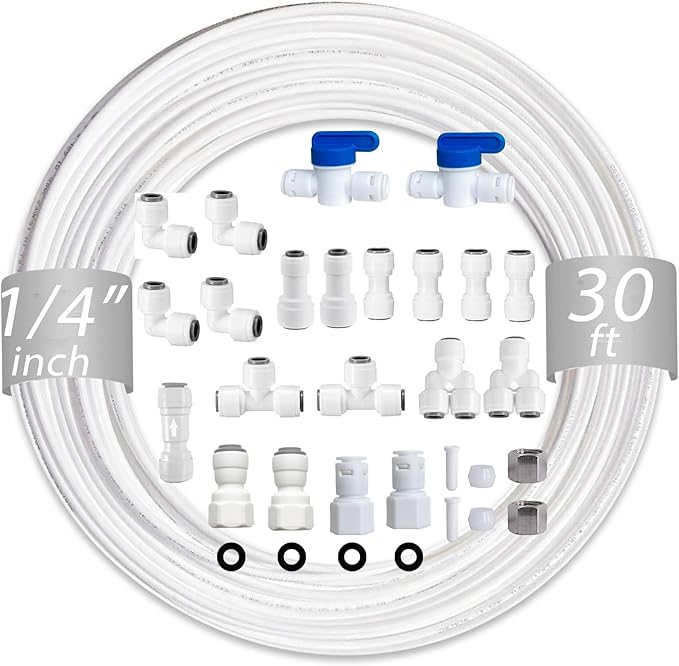NSF 1/4" inch Water Line Tubing and Push to Connect Fittings for Reverse Osmosis Water Filter RO fittings (Refrigerator Kits),23 pcs connetors+30 feet 1/4" O.D. (6.4mm) water tubing.