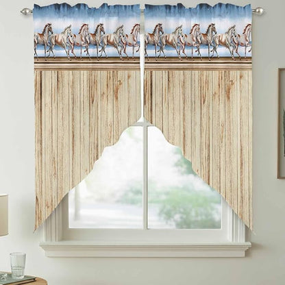 Western Horse Swag Valances for Windows, Farmhouse Wooden Grain Vintage Cowboy Barn Door Rod Pocket Kitchen Curtains Valance, Kitchen Window Curtains Swag for Cafe Living Room, 2 Panels, 36x63 inch