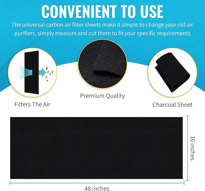 CFS COMPLETE FILTRATION SERVICES EST.2006 1PACK CuttoFit Carbon Pad 16 x 48 inches for Air Filters Charcoal Sheet fits Air Purifiers Range Hoods Furnace Filters removes Odor V O C Parts