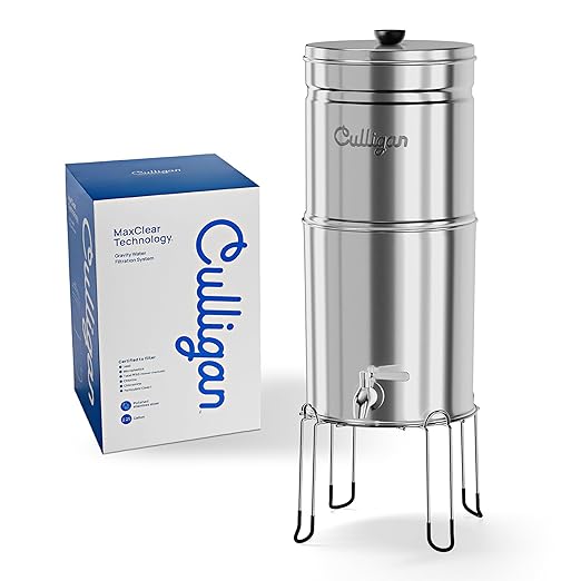 Culligan MaxClear 2.25 Gallon Gravity Water Filter System, Brushed Stainless-Steel Countertop Water Filter NSF/ANSI Certified to Reduce Microplastics, Lead & Total PFAS, with 1 Ceramic Filter
