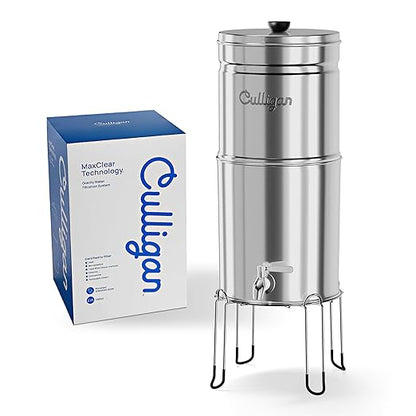 Culligan MaxClear 2.25 Gallon Gravity Water Filter System, Brushed Stainless-Steel Countertop Water Filter NSF/ANSI Certified to Reduce Microplastics, Lead & Total PFAS, with 1 Ceramic Filter