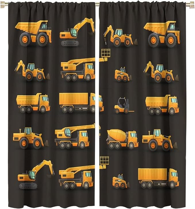 Kids Construction Window Curtains, Construction Machinery Equipment Mode of Transport Bulldozer Tractor Windows Curtain for Children Teens Room Decor 42x45in (30% Blackout)