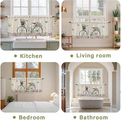 Farmhouse Spring Tier Curtains, Retro Bicycles Flowers Vines Butterfly Light Filtering Kitchen Curtains, 2Pcs Rod Pocket Half Window Treatments Panels for Sink Cafe Cabinet Camper 27.5x36 Inches