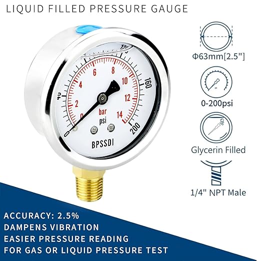 0-200 Psi Glycerin Liquid Filled Low Pressure Gauge, 2.5" Dial Size, 1/4" G Lower Mount, 304 Stainless Steel Case, for Water Pipe, HVAC, Water Oil Air Pressure Test