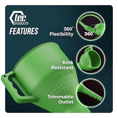 TEC Products FlexAll Long Flexible Funnels - Automotive Oil Funnel with Hose, Durable Nitrile Rubber for Oil Change, Transmission Funnel Fluid, Diesel, Fuel, Gas - Made in USA - Green (16 x 5 Inches)