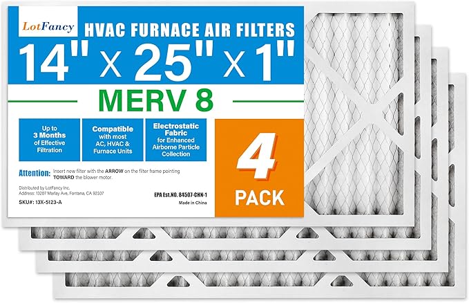 LotFancy 14x25x1 Air Filter MERV 8 4-Pack, Electrostatic Pleated Furnace & AC Filter, Captures Dust, Pet Hair, Pollen, Actual Size: 13.75"x24.75"x0.75"