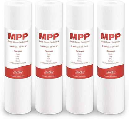 SimPure 5 Micron 10" x 2.5" Whole House Sediment Water Filter Cartridge Replacement for 10 inch RO Unit, Compatible GE FXUSC, Culligan P5, Aqua-Pure AP110, WFPFC5002, CFS110, WHKF-GD05, (Pack of 4)